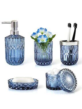 Blue Bathroom Accessories Set, 5Pcs Clear Glass Bathroom Accessories, Hand Soap